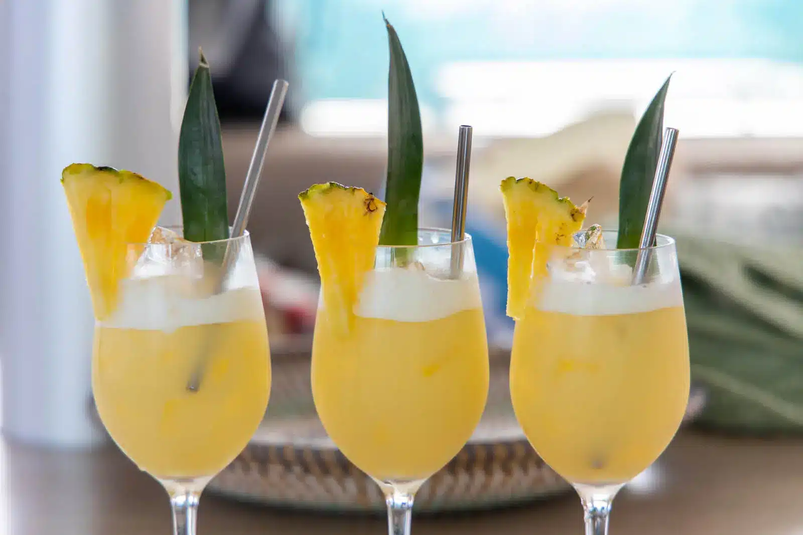 Colorful cocktails served aboard Ever Glorious catamaran off St. Maarten’s coast