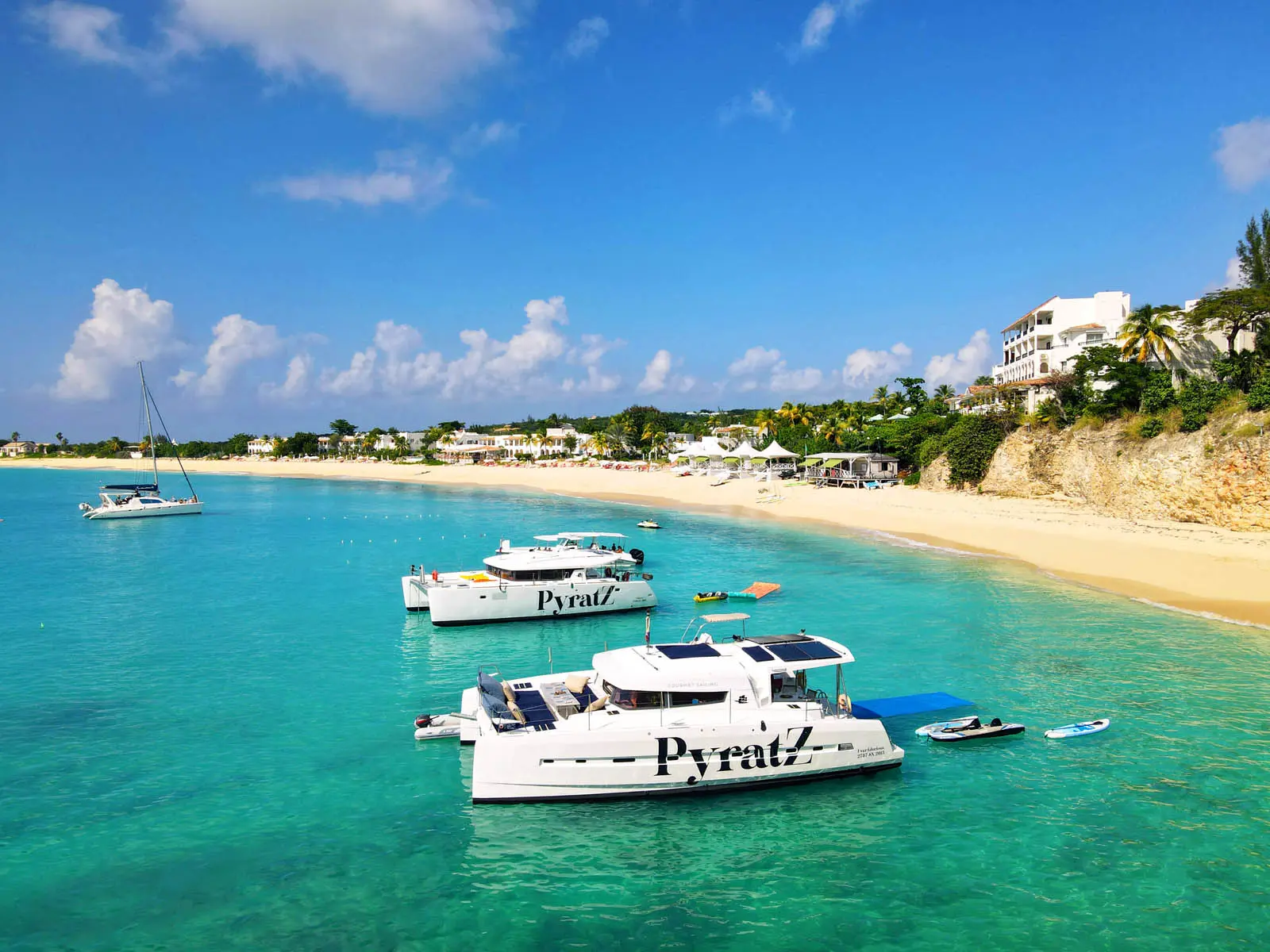 Aerial shot of Ever Glorious Bali 45FT catamaran anchored off St. Maarten shore