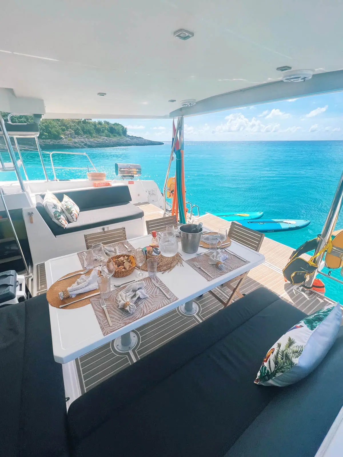 Stern view of Ever Glorious Bali 45FT catamaran anchored off St. Maarten's coastline