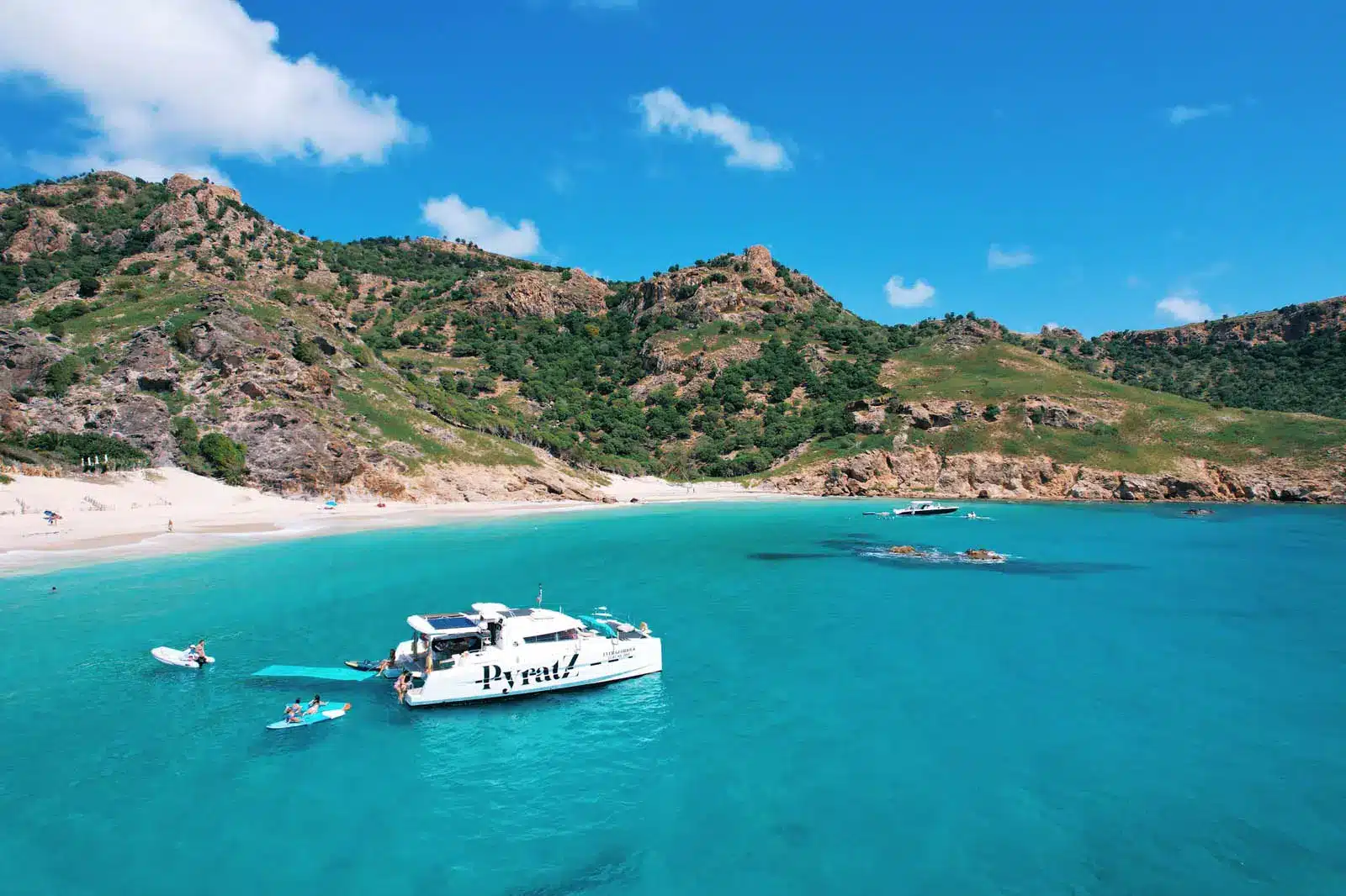 Aerial view of the Ever Glorious Bali 45FT catamaran sailing in turquoise waters near St. Maarten
