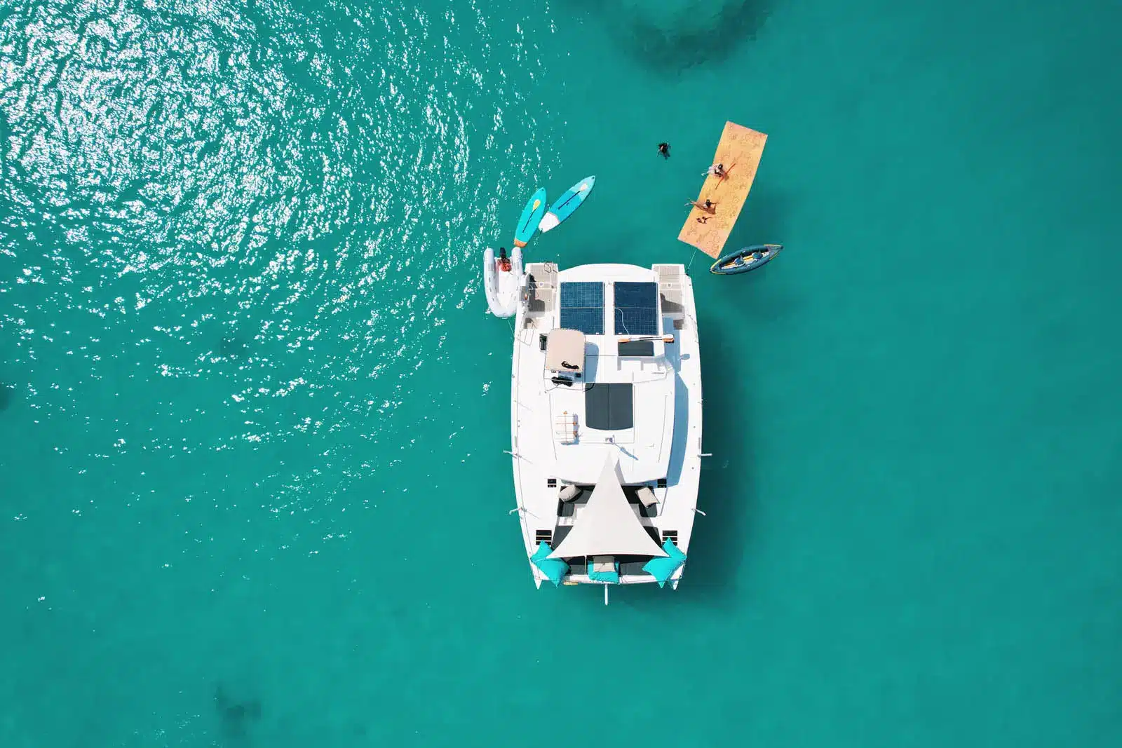 Aerial view of the Ever Glorious Bali 45FT catamaran cruising in turquoise waters near St. Maarten