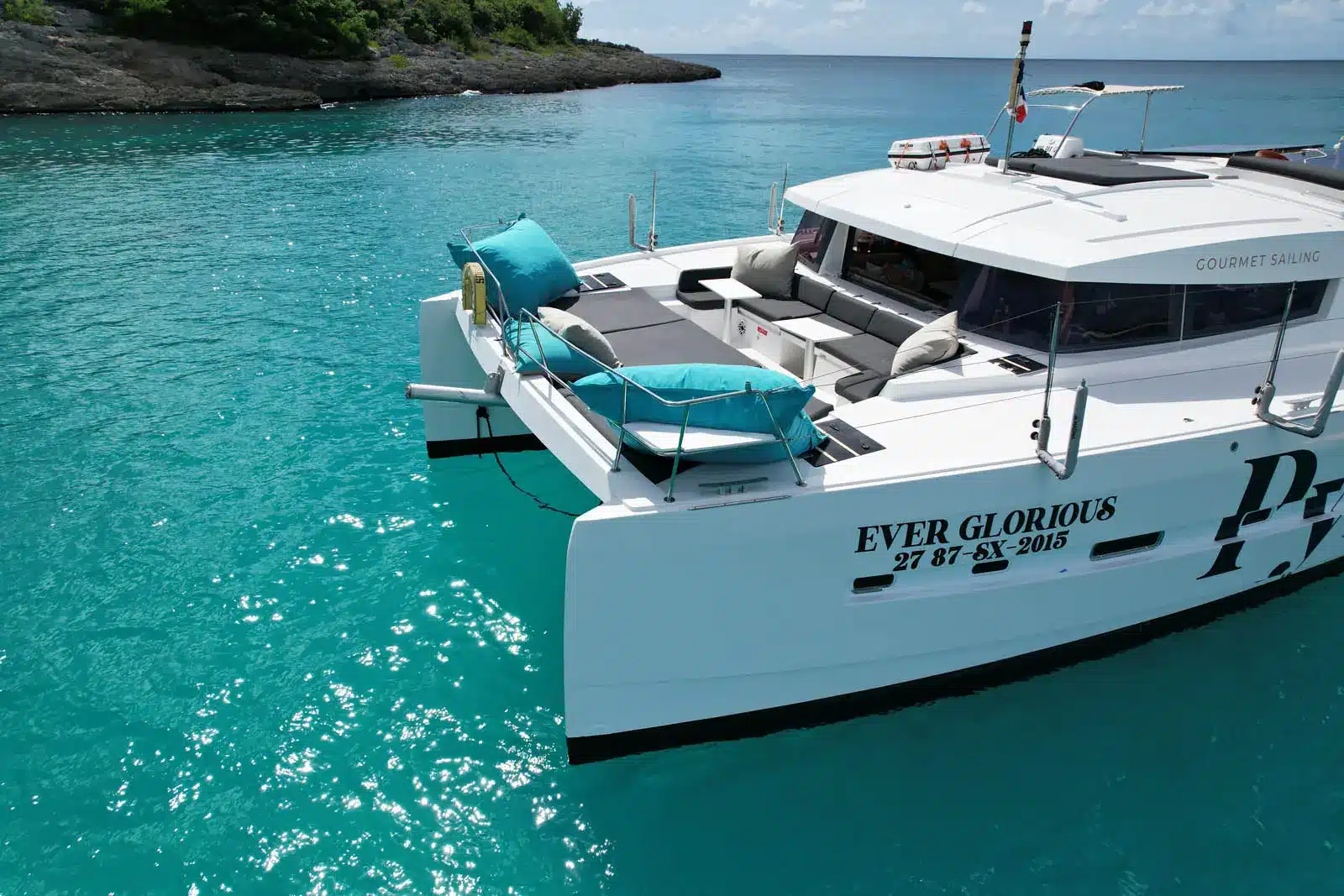 Spacious bow area with sunbeds on Ever Glorious Bali 45FT catamaran in St. Maarten.