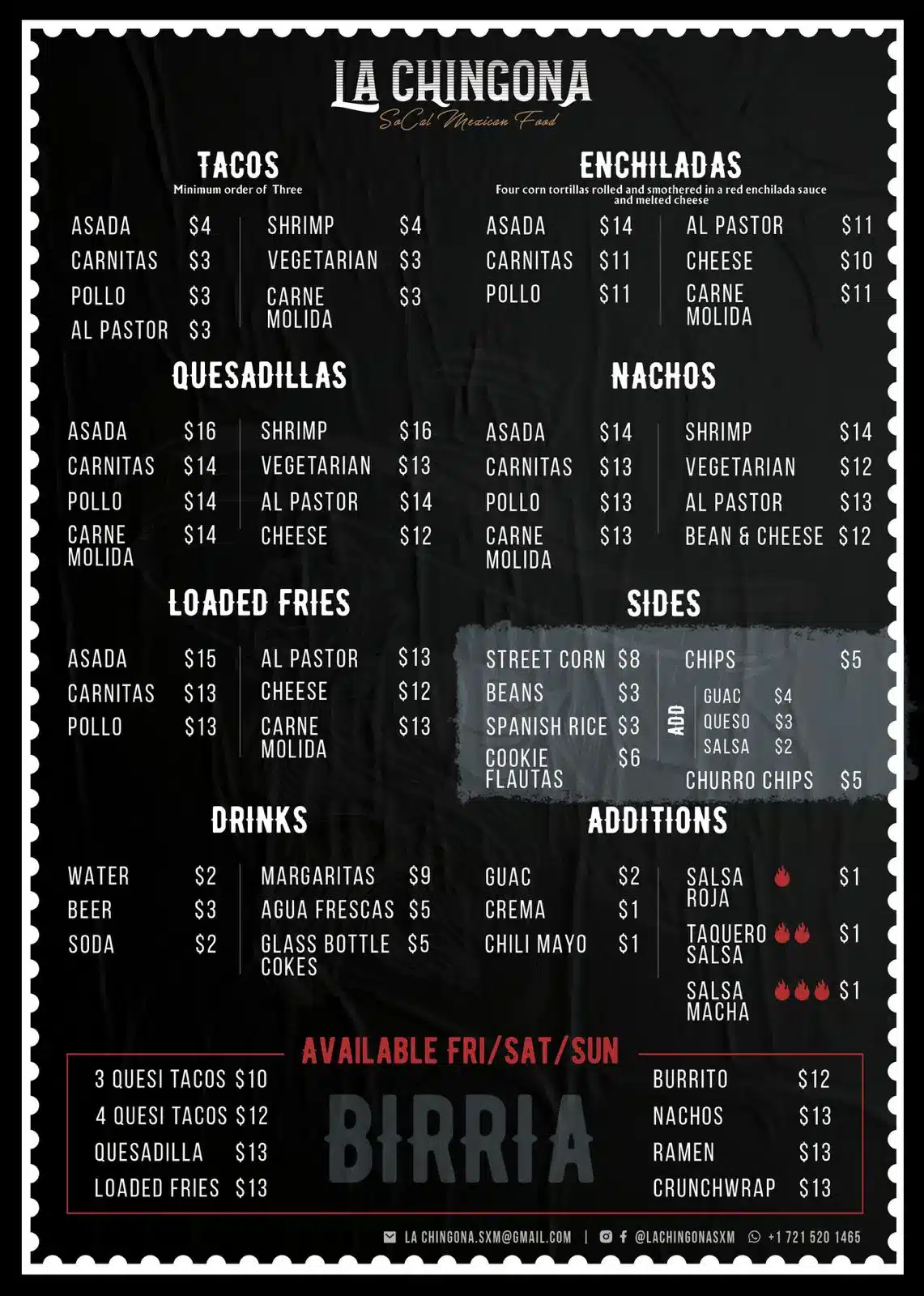 La Chingona Food Menu 2025 - Best Tacos in SXM