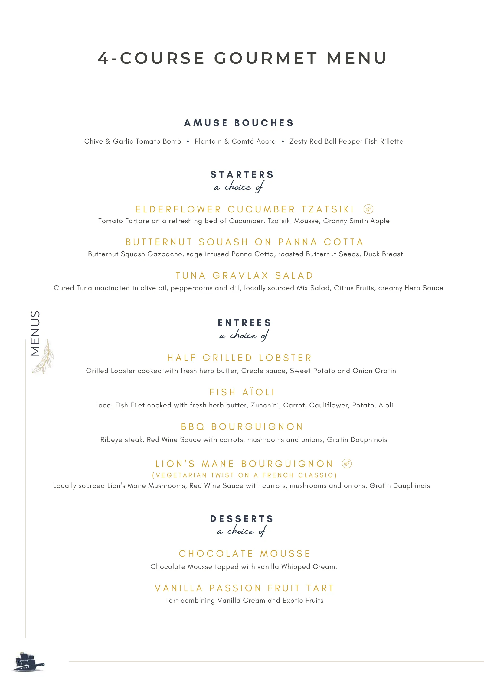 Pyratz gourmet charter menu layout with dishes and cocktails in St. Maarten