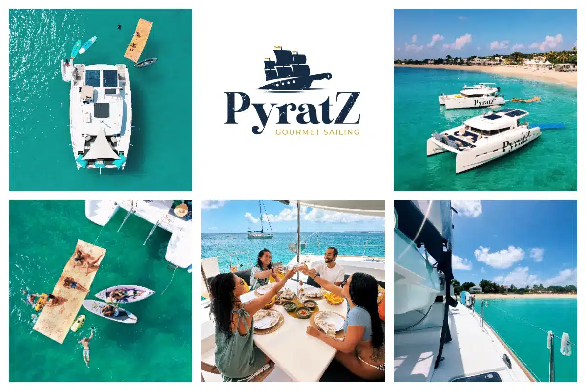 Luxury “Galaxy” and “Ever Glorious” power catamarans cruising turquoise waters off St. Maarten