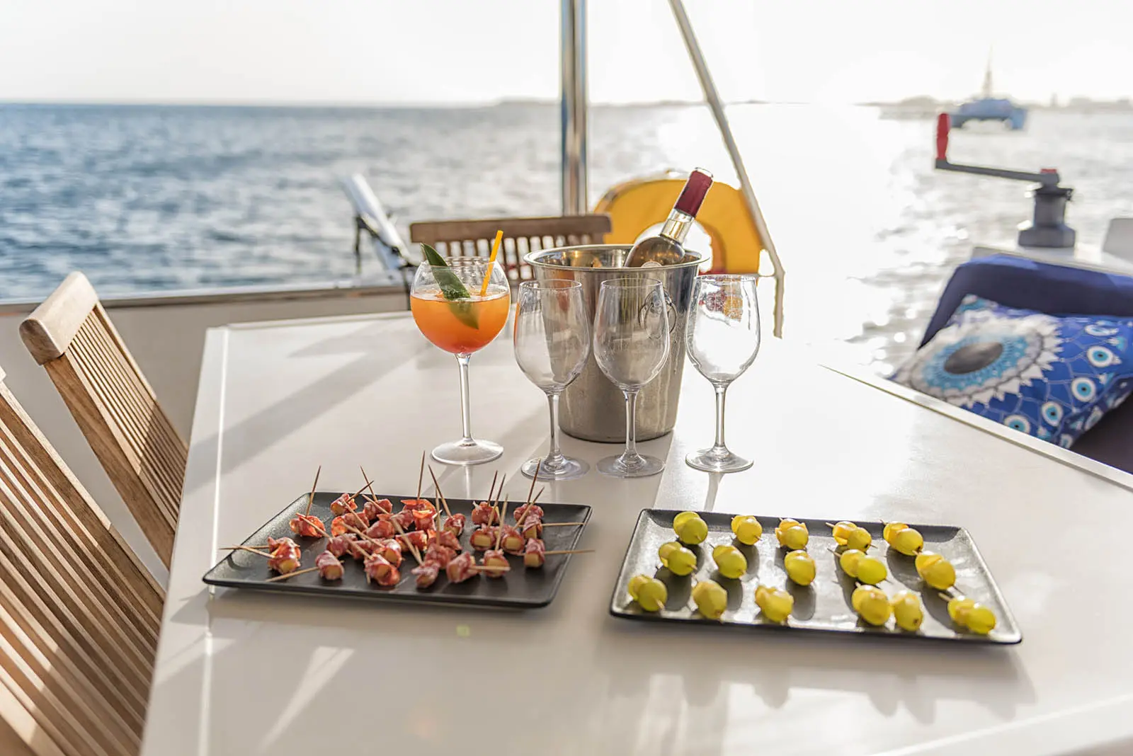 Gourmet tapas served on Ever Glorious Bali 45FT catamaran during sunset cruise in St. Maarten