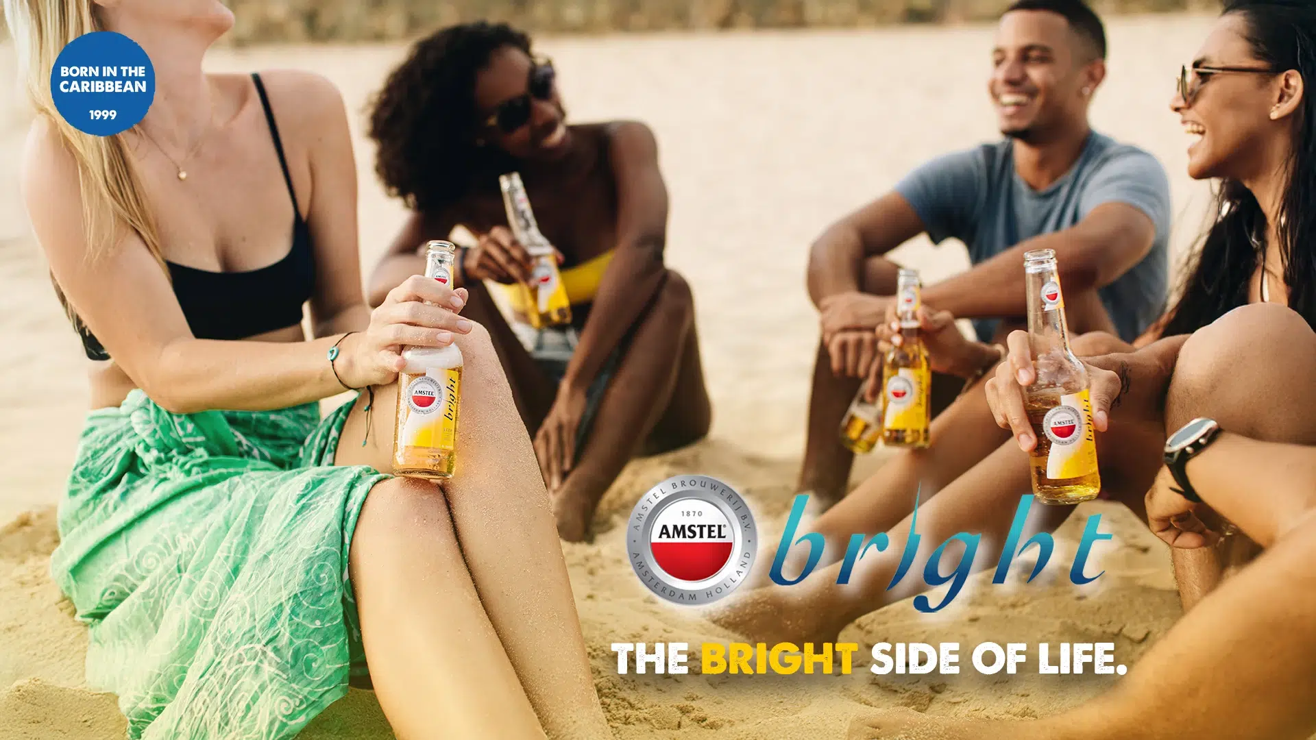 Amstel Bright tropical banner showcasing the perfect beach beer in Sint Maarten.