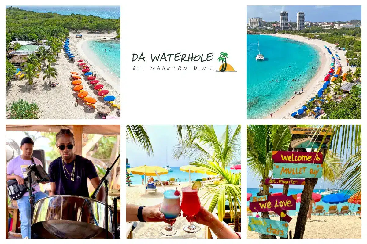 Da Waterhole Beach Bar & Grill - Lunch, Dinner on Mullet Bay, Beach Chairs, Sunset, Lockers, Shower, Toilet, Drinks