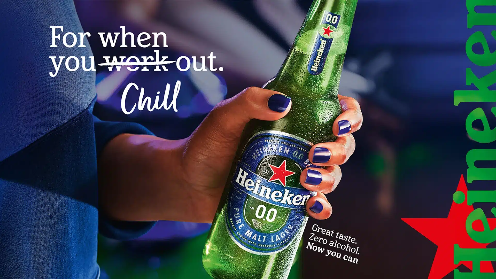 Heineken 0.0 sports section banner featuring the non-alcoholic beer in active setting