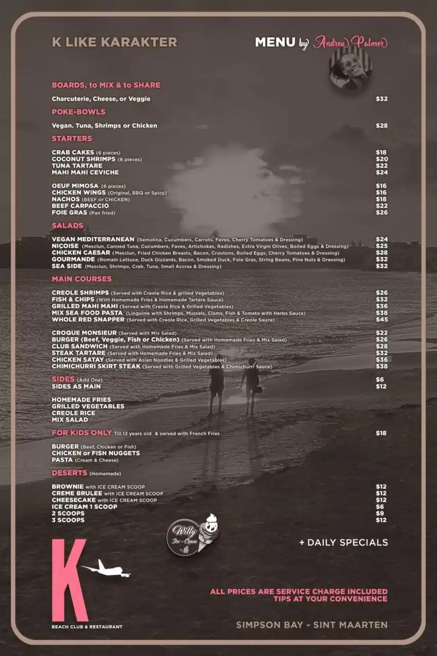 K like Karakter Lunch, Beach and Dinner Menu 2024