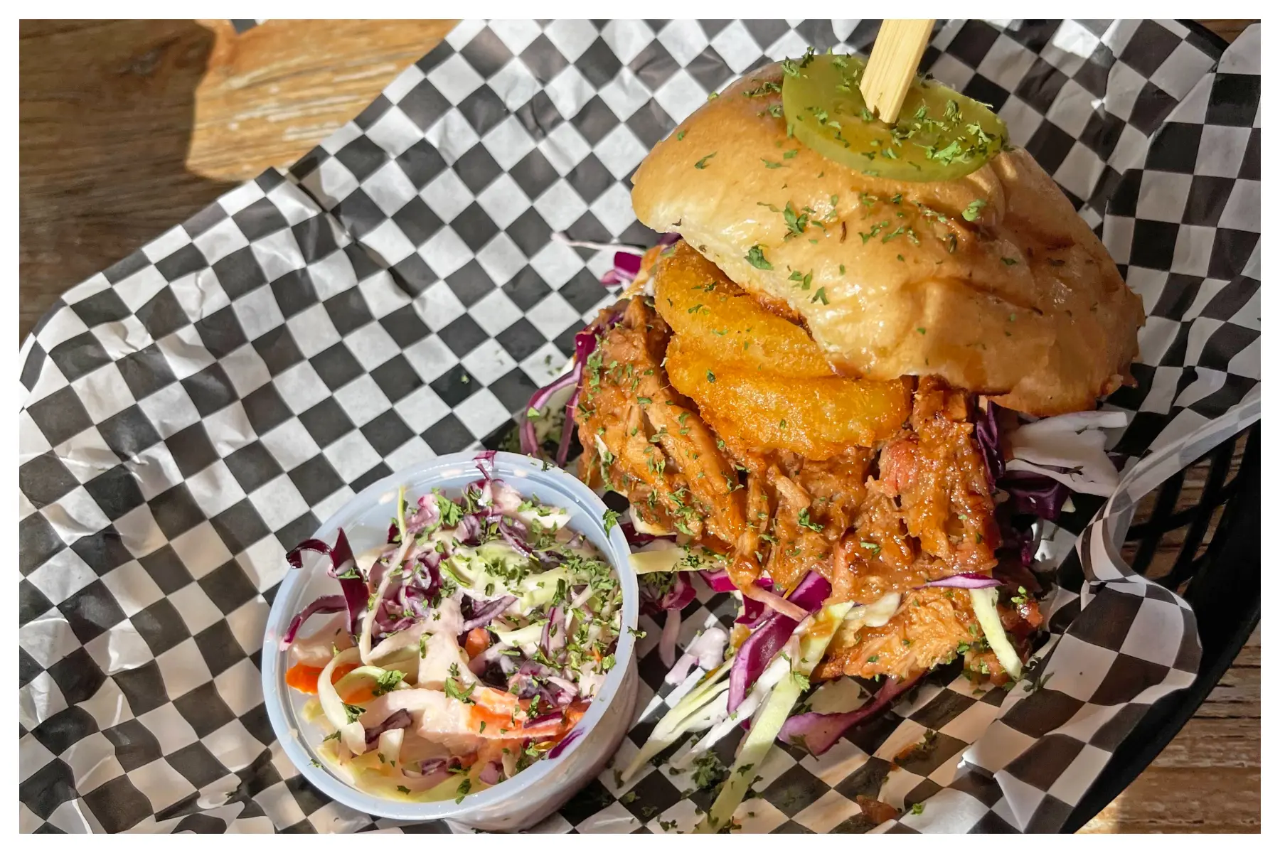 Pulled Pork & Fried Onion Rings Burger at Big Bastards in Philipsburg on Great Bay Beach