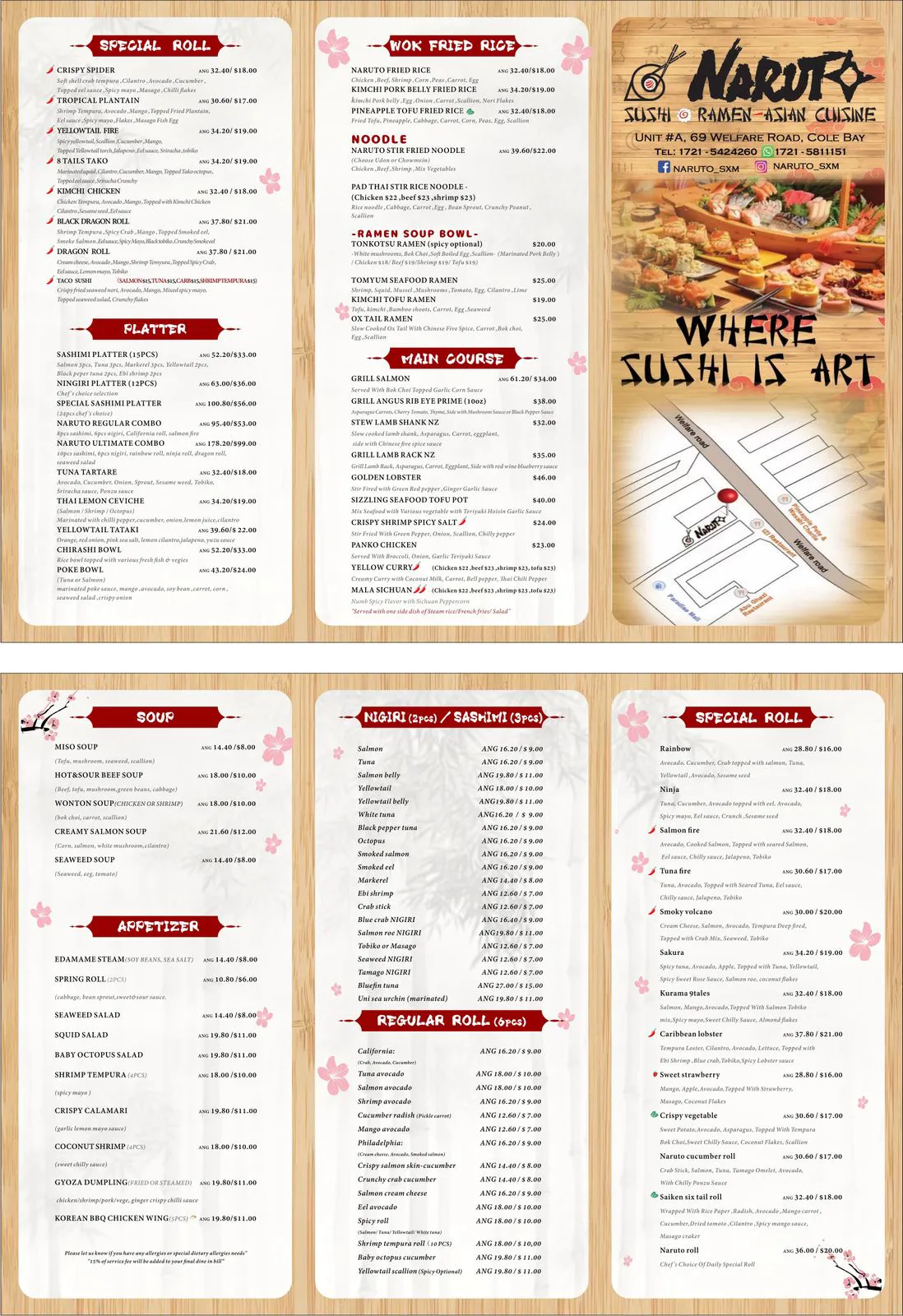 Menu at Naruto Sushi Bar, featuring sushi, ramen, and Asian cuisine