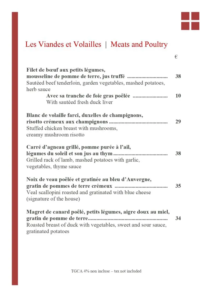 Bistrot Caraïbes 2025 menu featuring classic French meat dishes in Grand Case, St. Martin