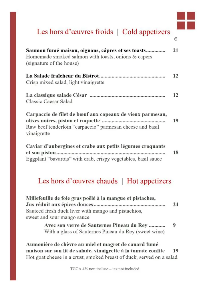Bistrot Caraïbes 2025 menu featuring French appetizers in Grand Case, St. Martin