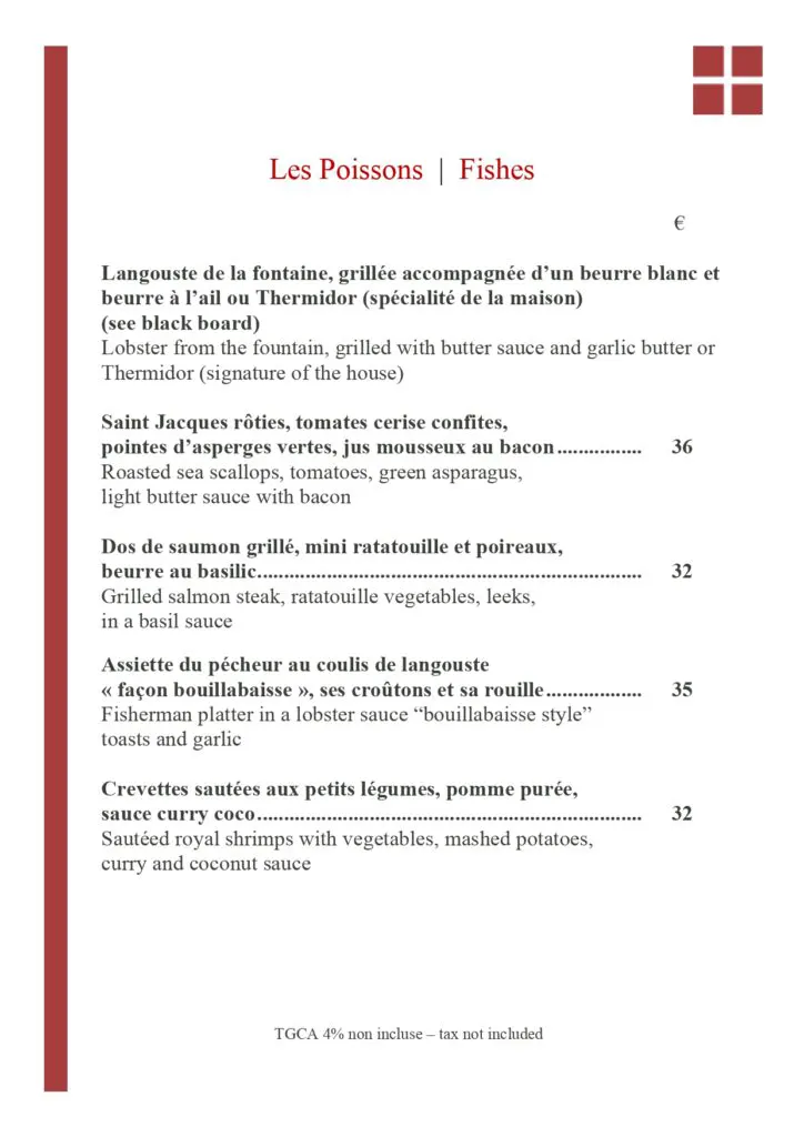 Bistrot Caraïbes' fish main courses menu featuring French seafood dishes in Grand Case, St. Martin
