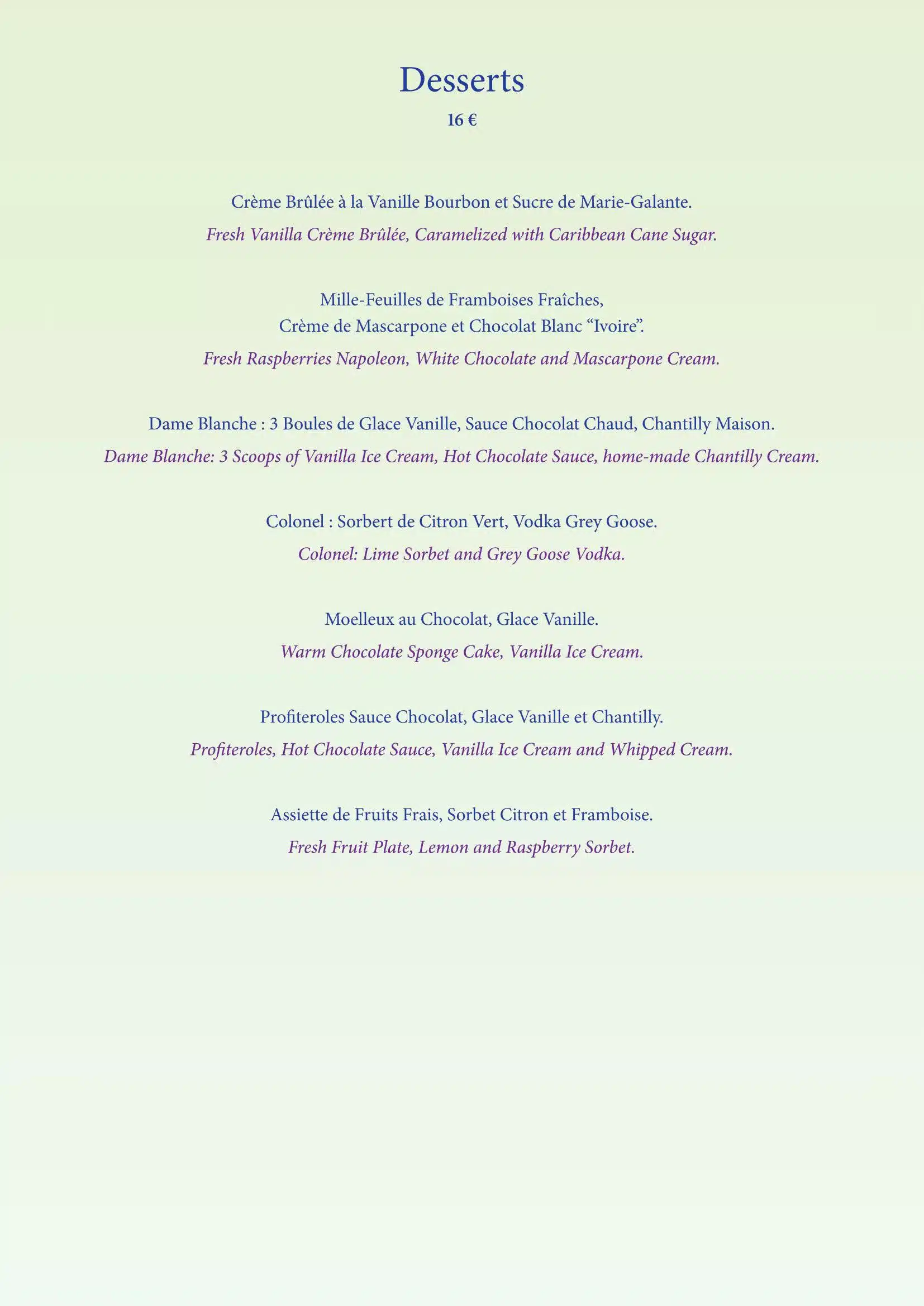 L'Astrolabe Menu - Desserts & Cheeses