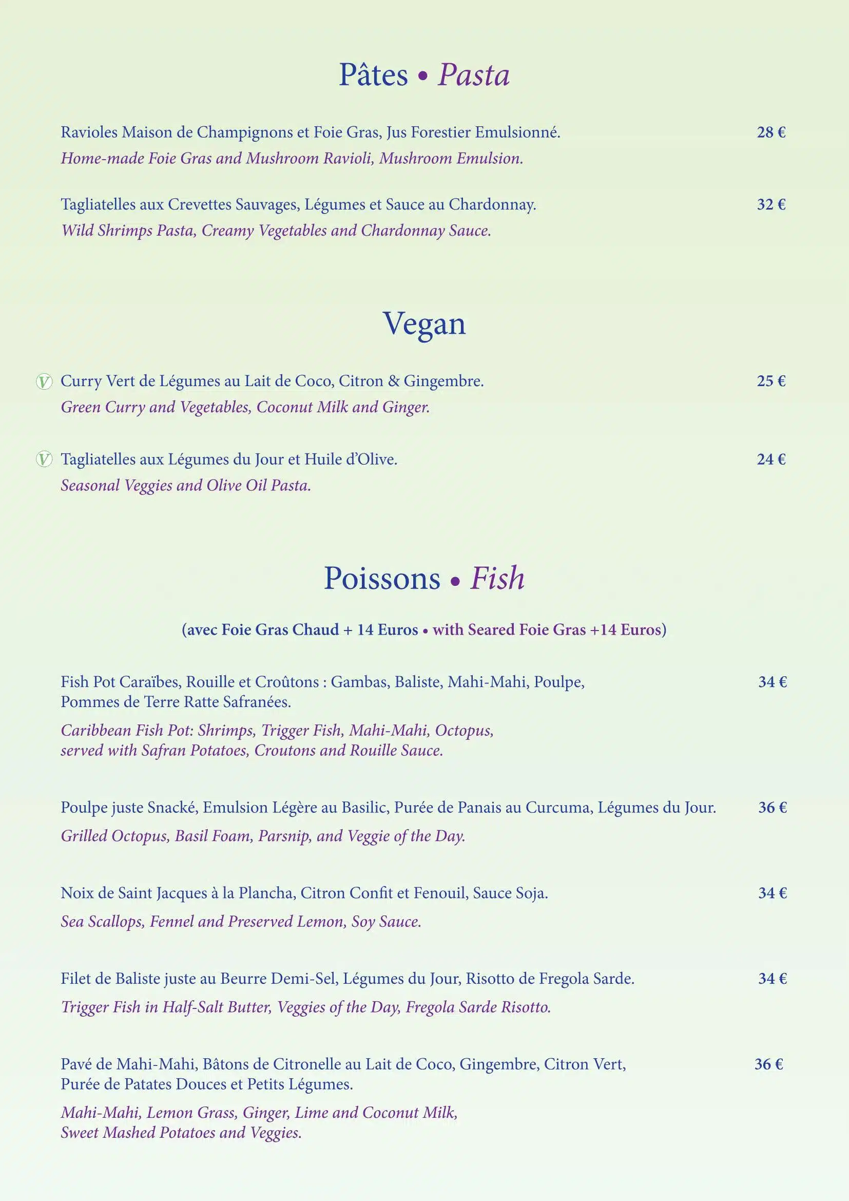 L'Astrolabe Menu -Pasta, Vegan and Fish Dishes