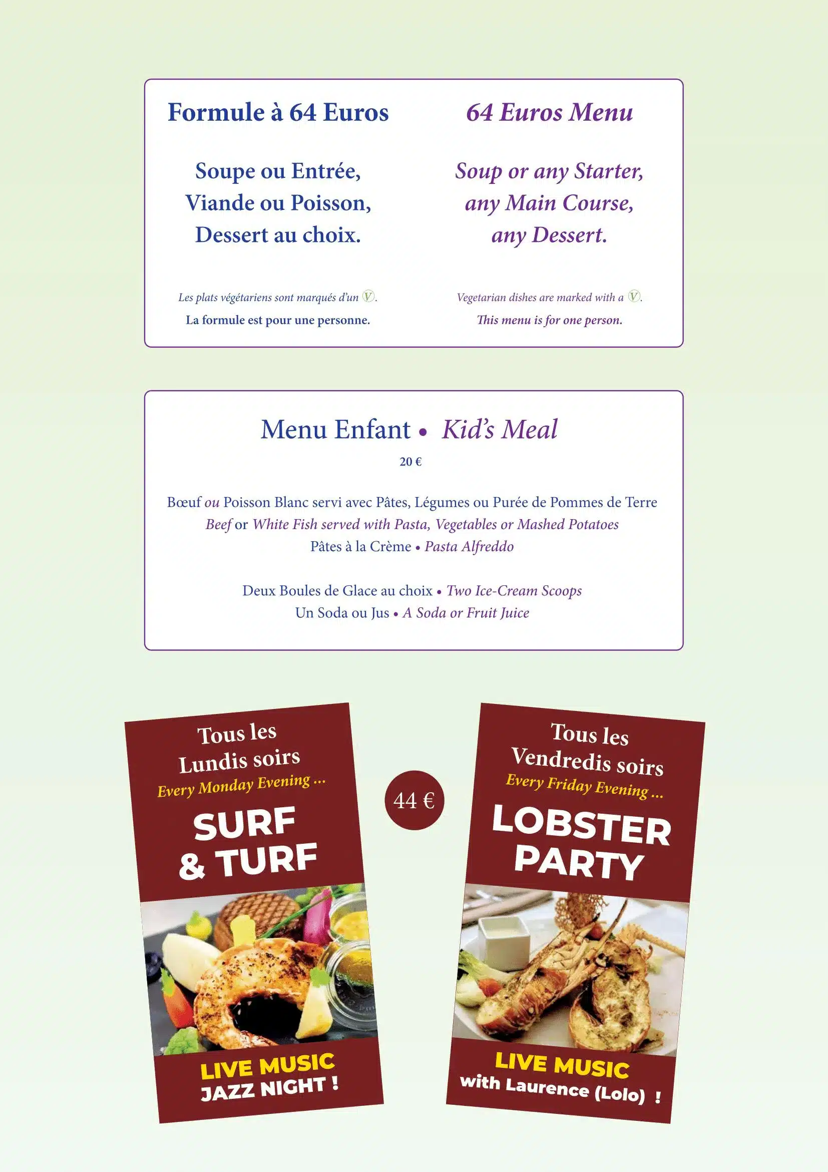 L'Astrolabe Menu - Menu Special for €59, Surf and Turf or Lobster Party at €42 per person, Kids Menu