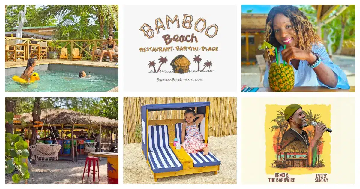 Bamboo Beach in Nettle Bay, St. Martin, featuring a restaurant, tiki bar, kids play area, and pool