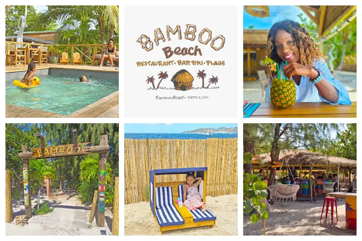Bamboo Beach in Nettle Bay, St. Martin, featuring a restaurant, tiki bar, kids play area, and pool