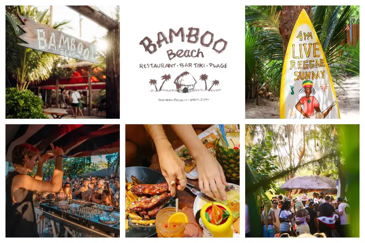 Bamboo Beach in Nettle Bay, St. Martin, featuring a restaurant, tiki bar, kids play area, and pool