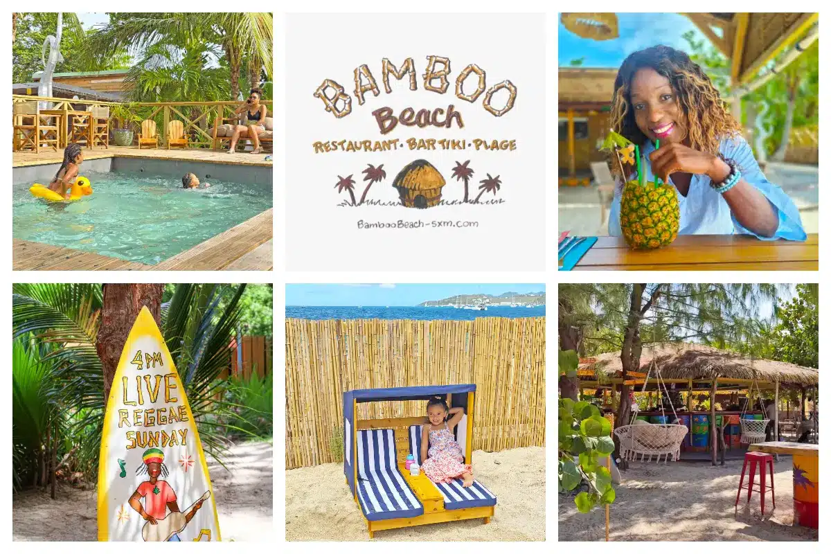 Bamboo Beach in Nettle Bay, St. Martin, featuring a restaurant, tiki bar, kids play area, and pool