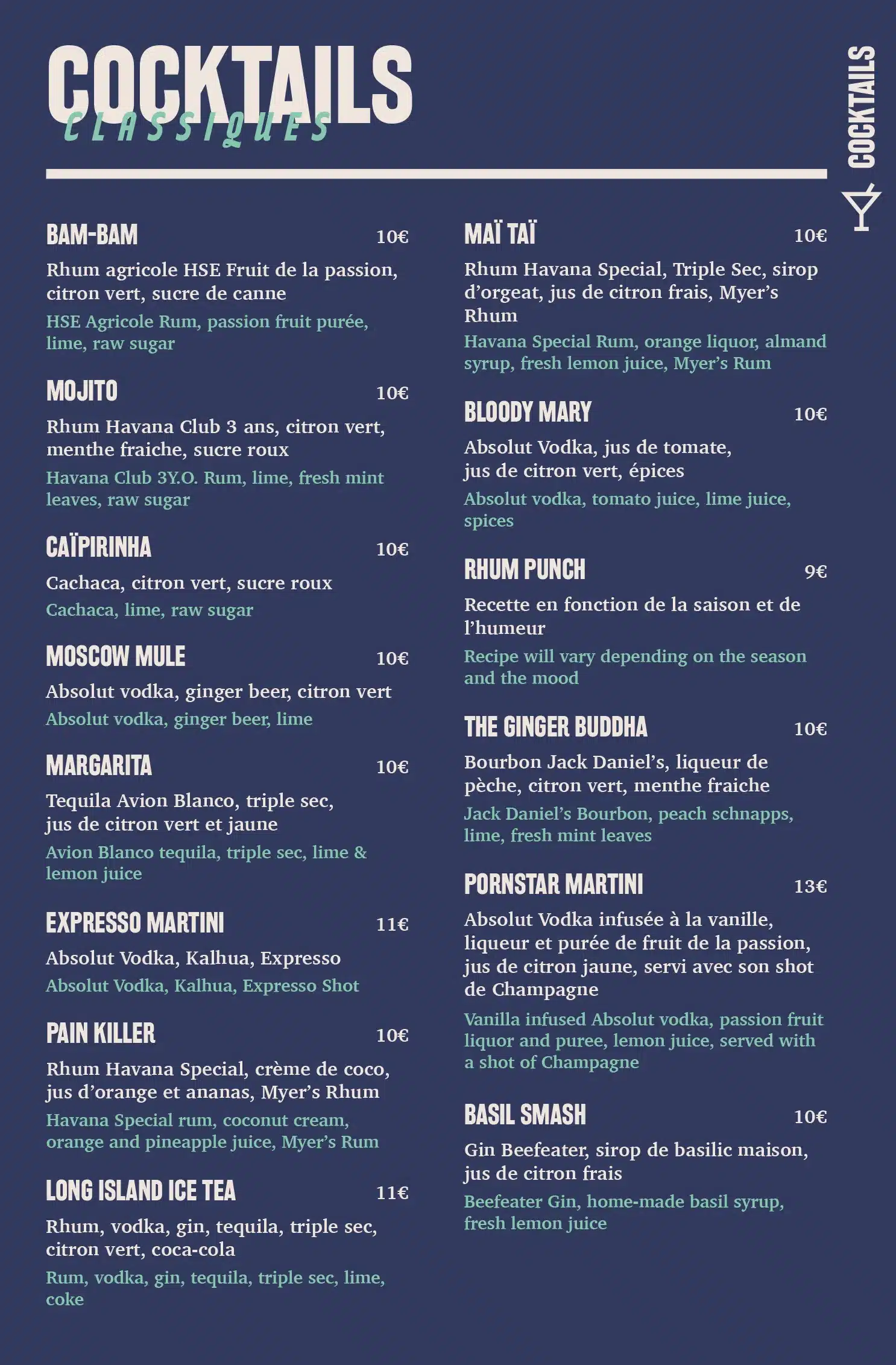 Blue Martini Grand Case cocktail menu featuring Mojito, Mai Tai, and signature drinks