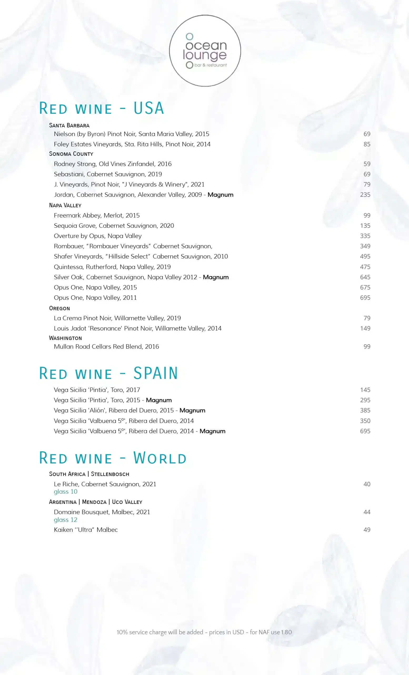 Red wine selections listed in the 2025 wine menu — St. Maarten restaurant