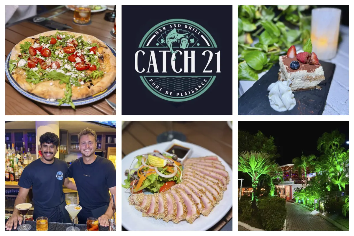 “Catch 21 Marine Sports Bar & Grill in Philipsburg, St. Maarten – lively atmosphere, seafood, burgers, and handcrafted cocktails.”