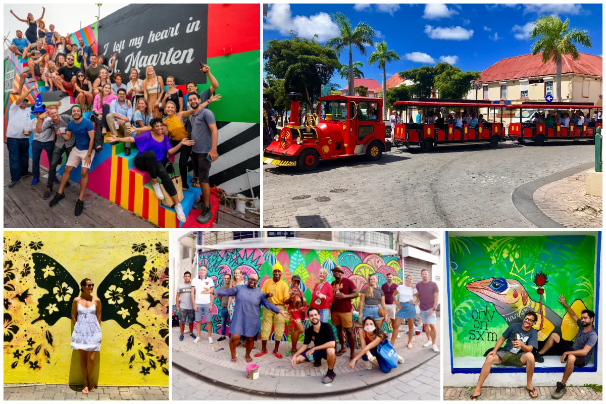 Colorful street murals, group walking tour, “I Left My Heart in St. Maarten” wall, Philipsburg, St. Maarten Sint Maarten Mural Tour Philipsburg - Explore all Murals while enjoying Drinks and Food - Group trip with Train