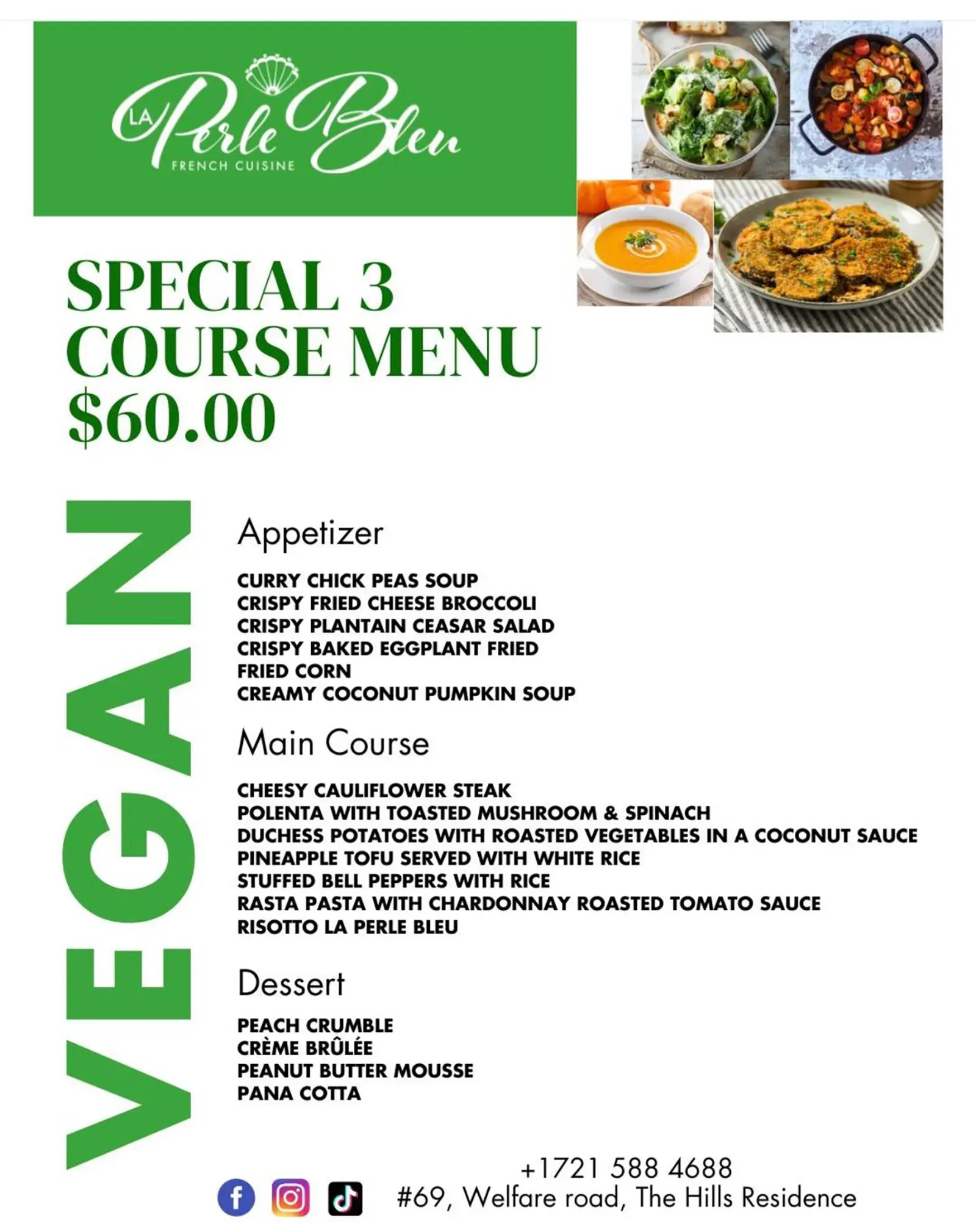 La Perla Bleu Vegan 3 Coure Meal Menu $60