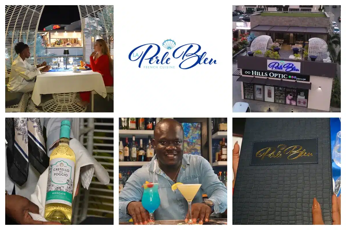 La Perle Bleu in Cole Bay – Roof Top Restaurant – French & Caribbean Cuisine – Breakfast & Dinner La Perle Bleu - French Restaurant, Boho, Chic - Location Cole Bay, Local Owner, Lagoon View - Bali Classic Blue Decor