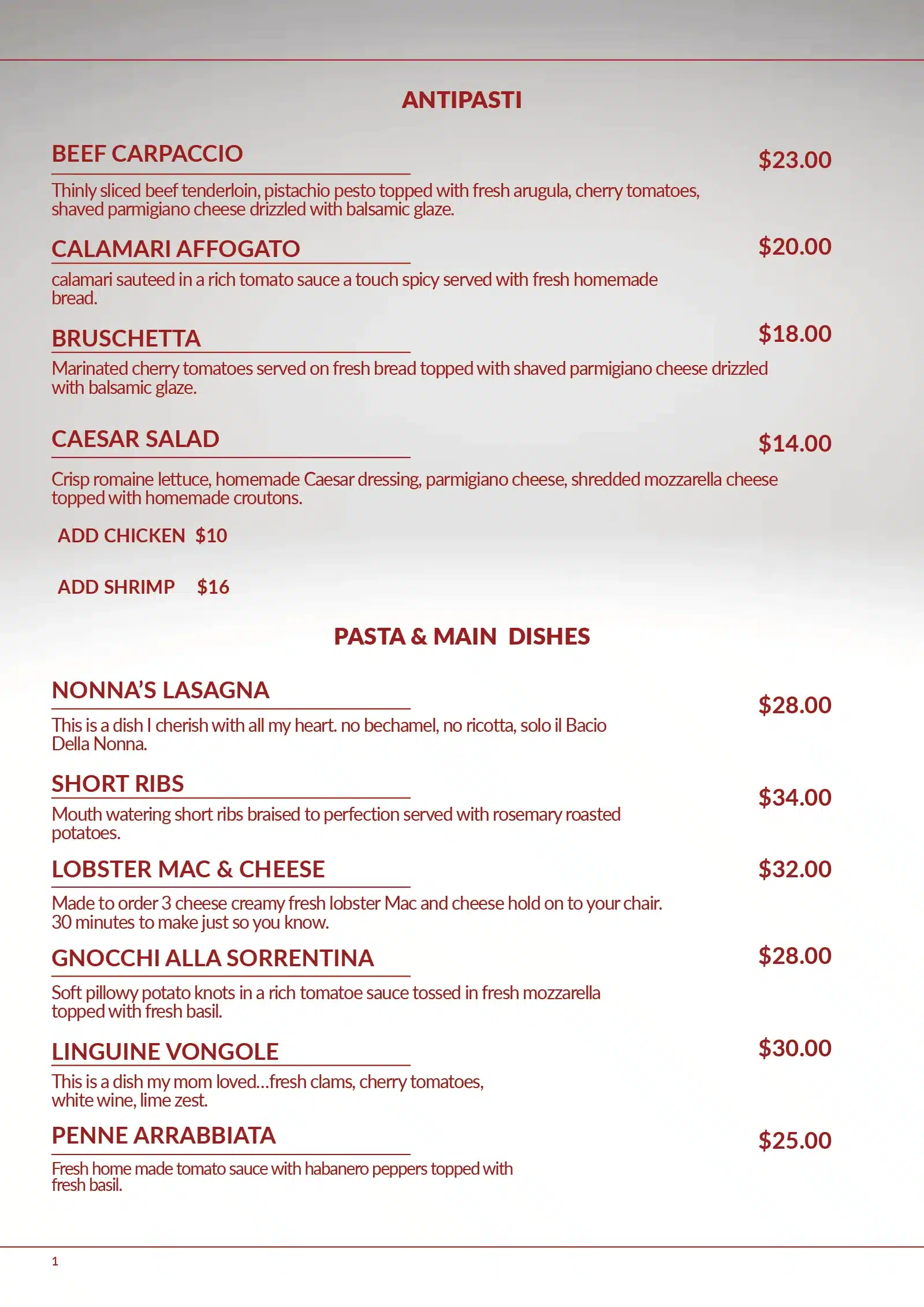 Il Bacio Italian Restaurant SXM Dinner Menu 2026