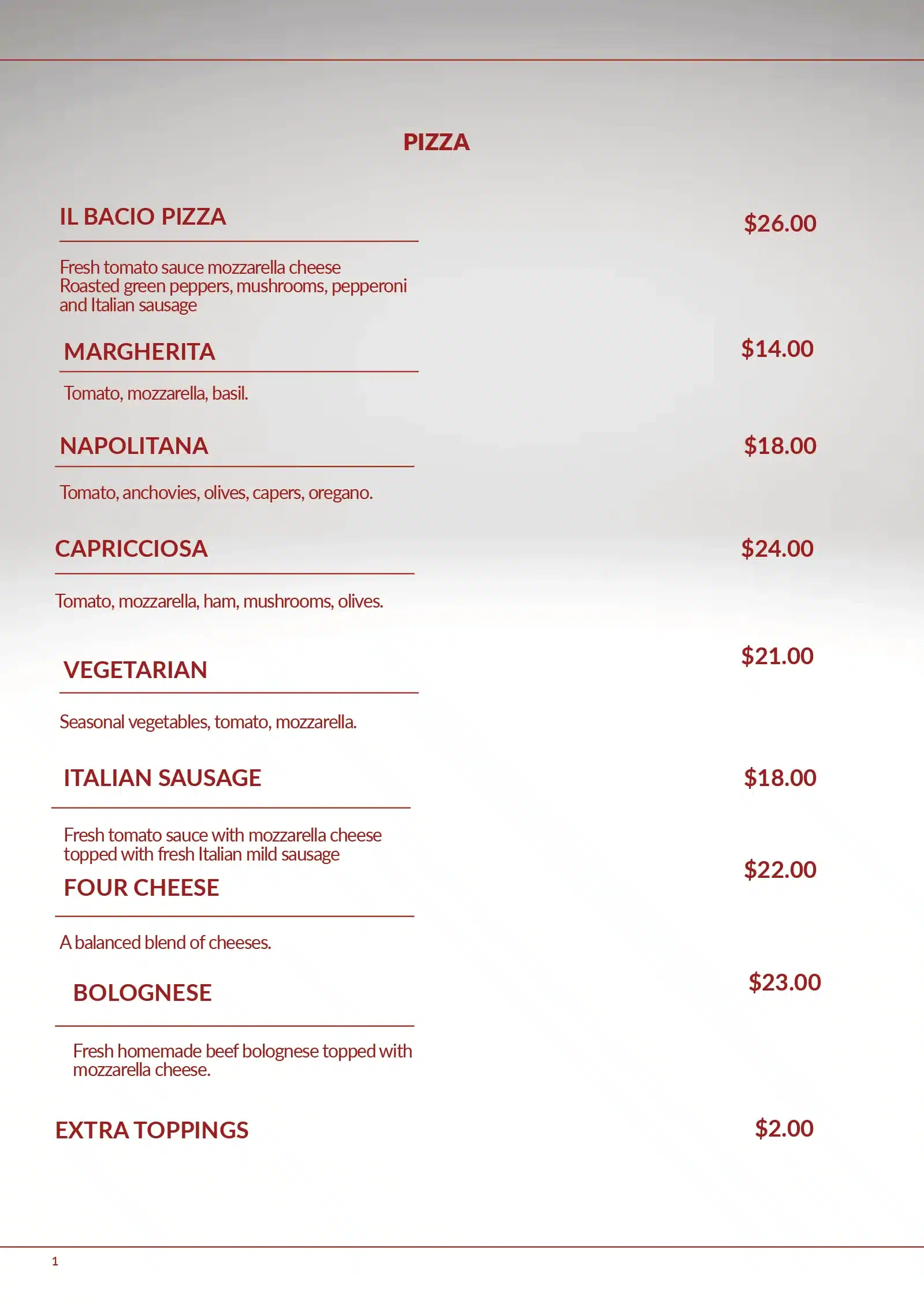 Il Bacio Homecooked Italian Restaurant SXM Dinner Menu 2026