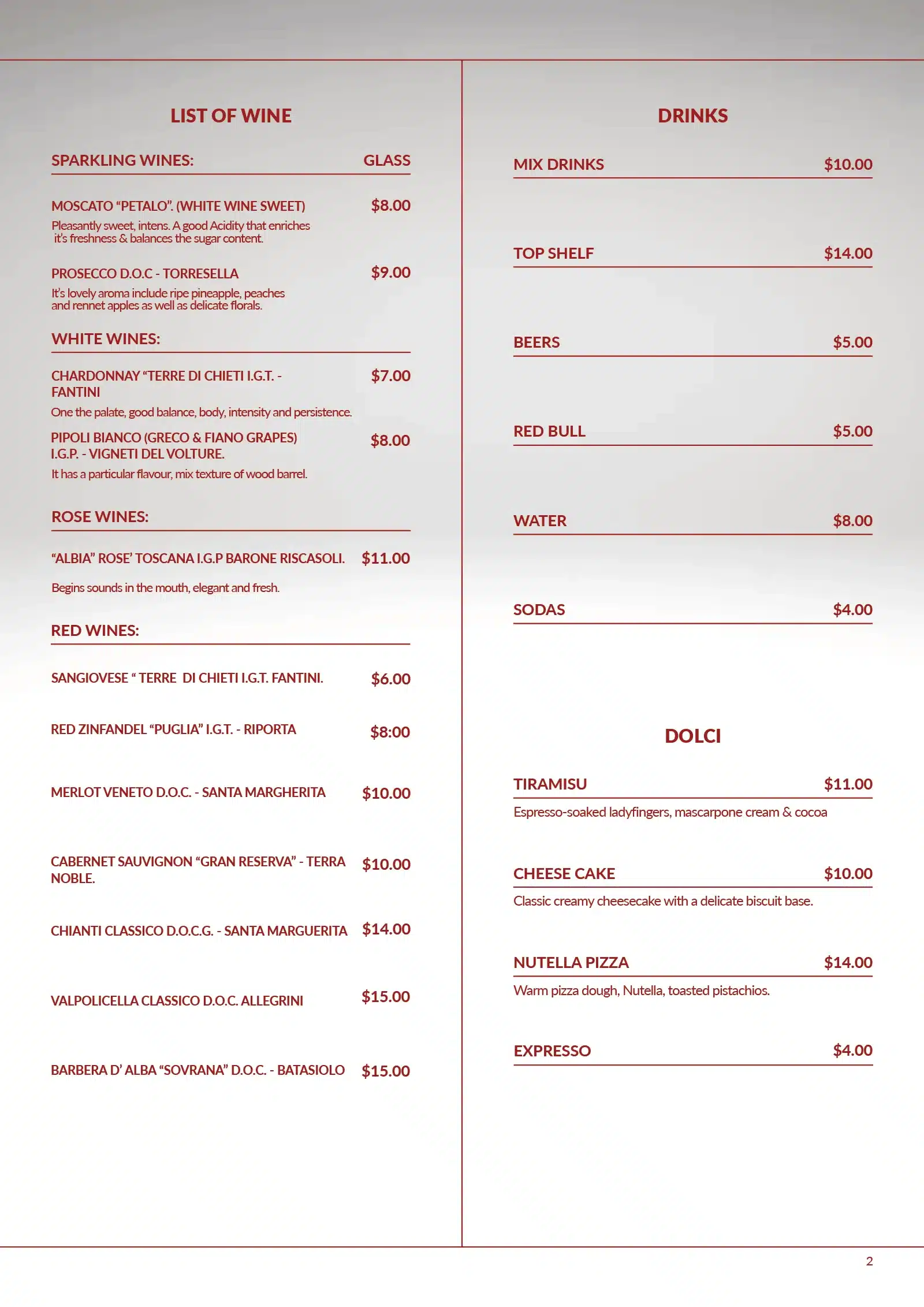 Il Bacio Italian Restaurant SXM Dinner Menu 2026