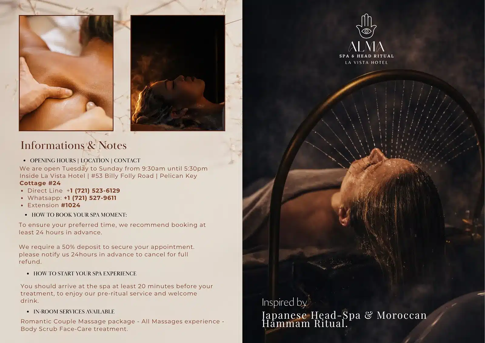 Brochure Alma spa - Japanese Head Spa & Morccan Hammam Ritual - Opening Hours