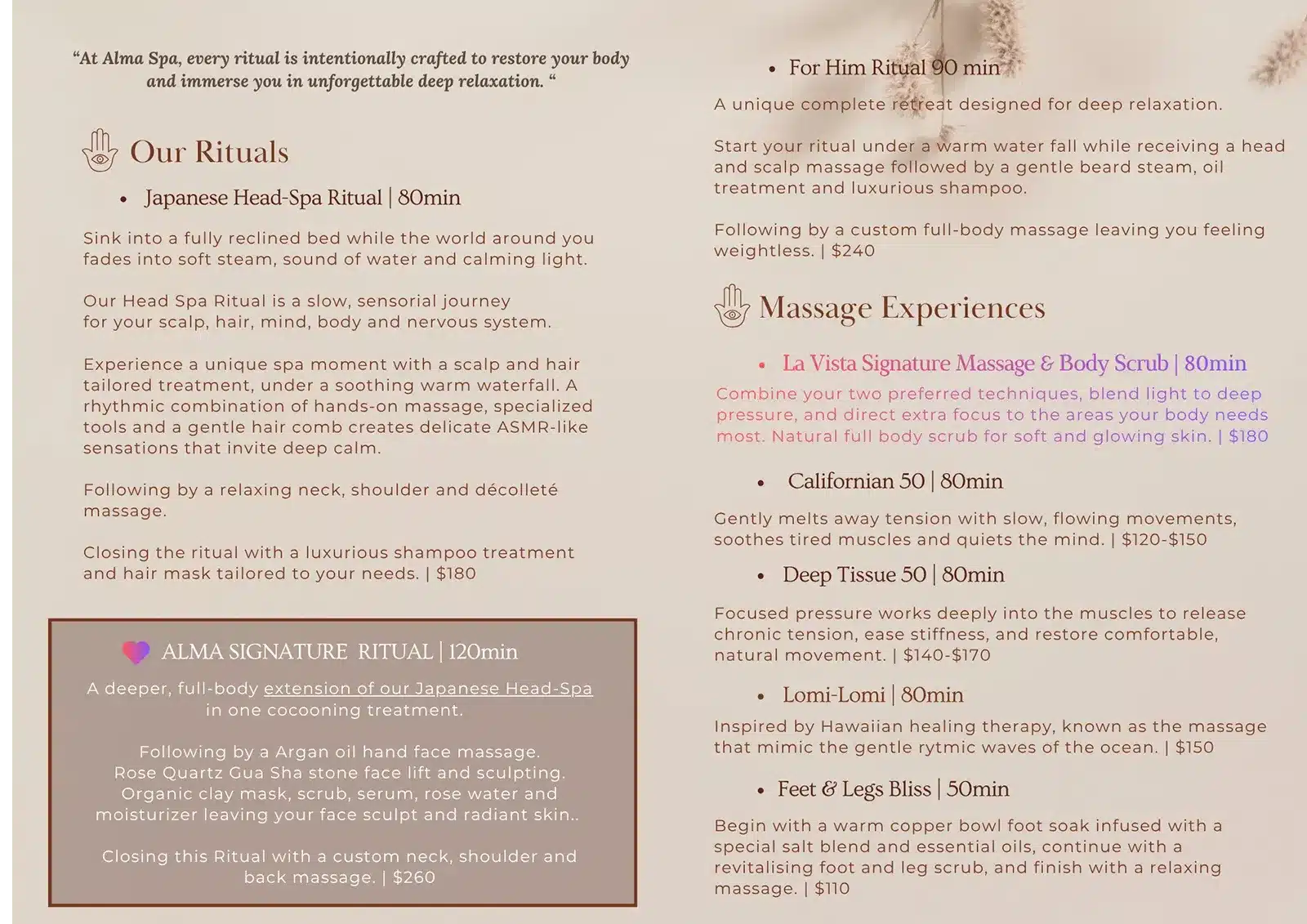 Brochure Alma spa - Japanese Head Spa & Morccan Hammam Ritual - Opening Hours